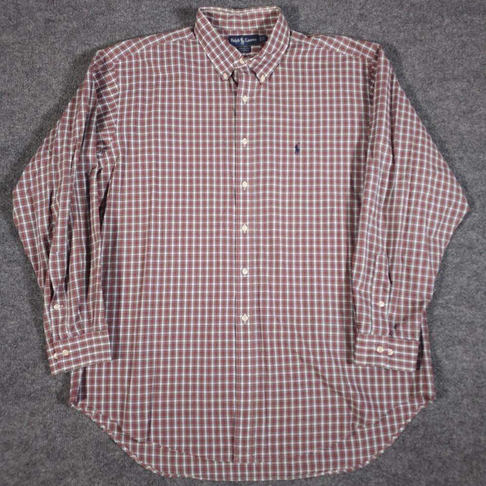 Polo Ralph Lauren Mens 17.5 34/35 Yarmouth Plaid Red White Long Sleeve Button